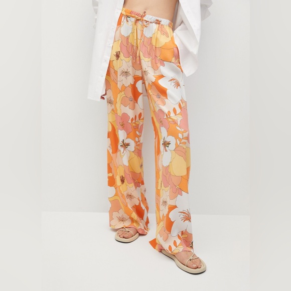 Mango Pants - Mango Floral Wide-Leg Pants - Orange and White